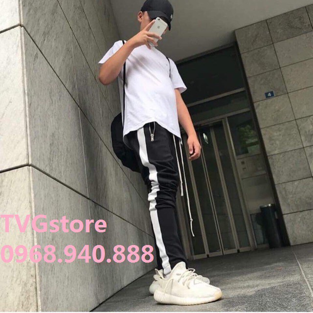 { Ảnh thật + Hàng sẵn } Quần Track Pants 1 sọc Zip dây Drawstrings - Quần nỉ thun khóa Zip line trắng line đỏ