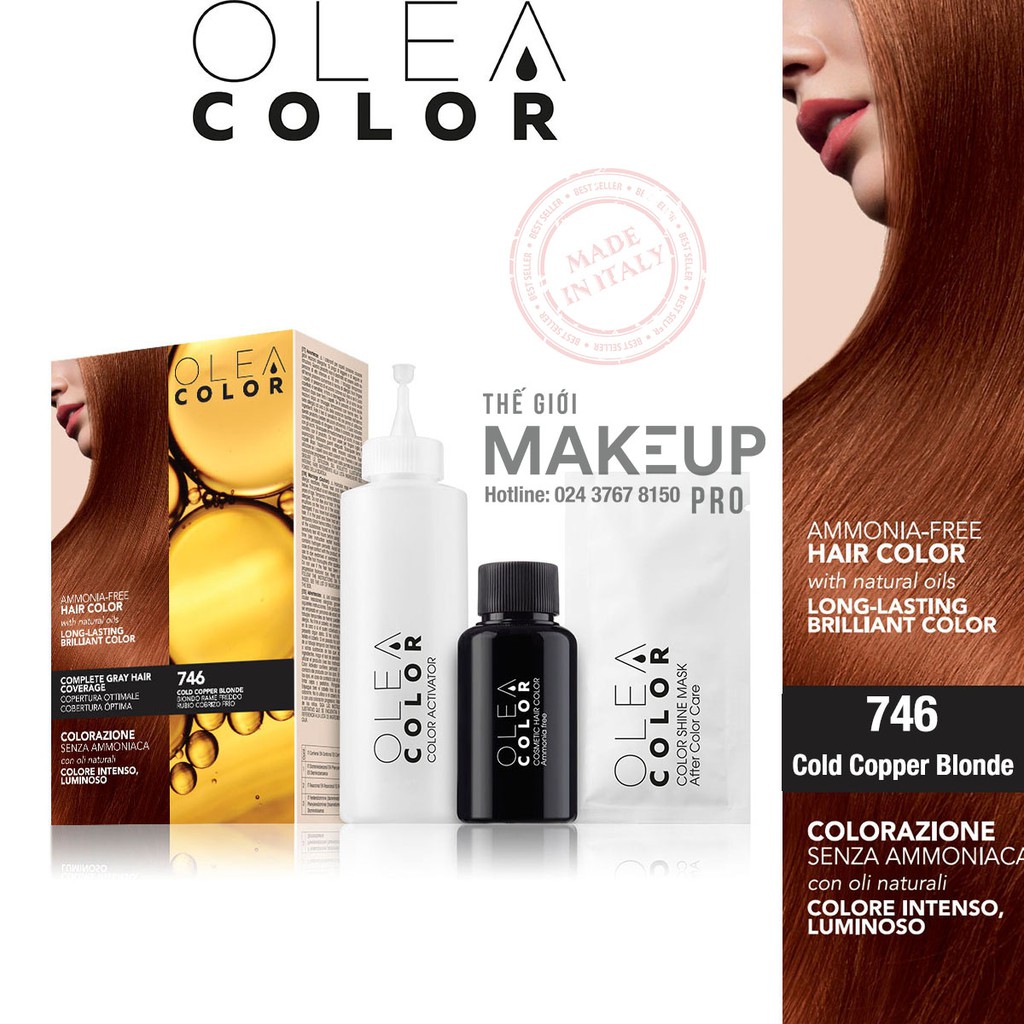 [VÀNG ÁNH ĐỒNG] Thuốc nhuộm tóc không Amoniac Olea Color ITALY Màu 746 Cold Copper Blonde