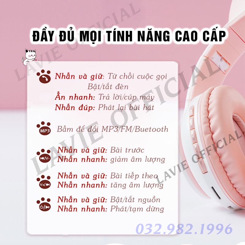 [Sẵn] Tai Nghe Chụp Tai Mèo Bluetooth Có Mic | Headphone Bluetooth Tai Mèo Có Led Đổi Màu Siêu Cute, Âm Thanh Sống Động