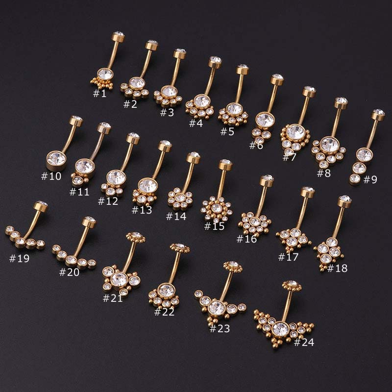 Khuyên xỏ rốn thanh cong 14gauge bằng thép không gỉ đính đá giả kim cương