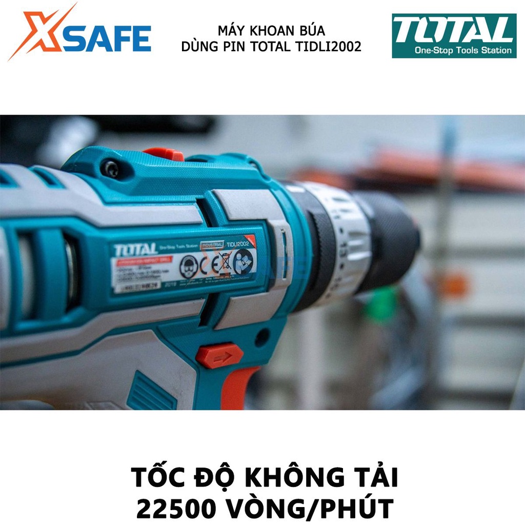 Máy khoan búa pin 20V TOTAL TIDLI2002 nhông cơ khí hai tốc độ, khả năng khoan 0.85- 10mm, đầu khoan khóa tự động - xsafe