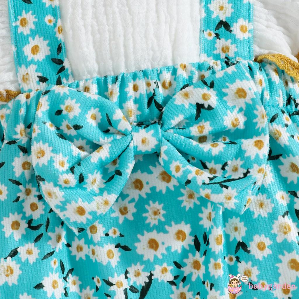 Bộ áo liền quần cổ vuông họa tiết hoa cúc kèm băng đô cho bé gái 0-18 tháng tuổi