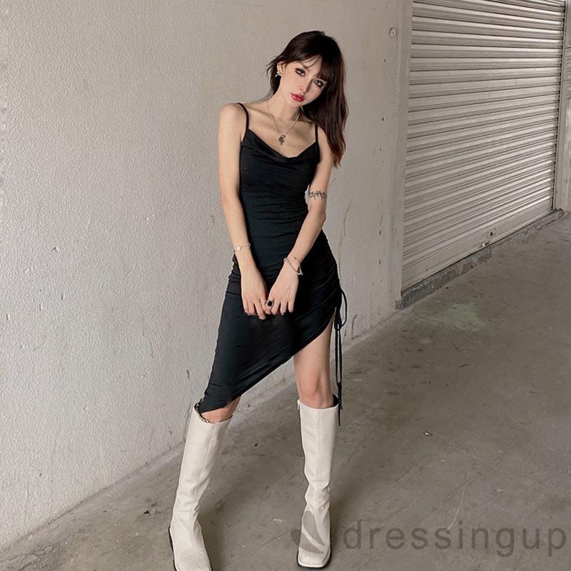 DRE-Women´s Slip Dress, Solid Color Sleeveless Drawstring Tie-Up Irregular Hem Backless Slim Dress