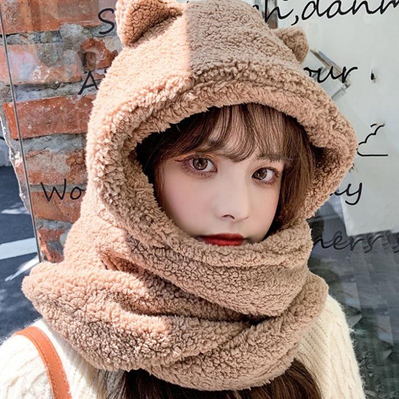 Bộ ba món gồm mũ + khăn choàng cổ + găng tay dày dặn hình gấu dễ thương phong cách Hàn Quốc