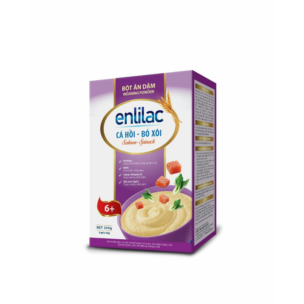 Bột ăn dặm Enlilac cho bé - Hộp 250gr - Bột ăn dặm Gà- Rau củ/ Cá hồi- Bó xôi