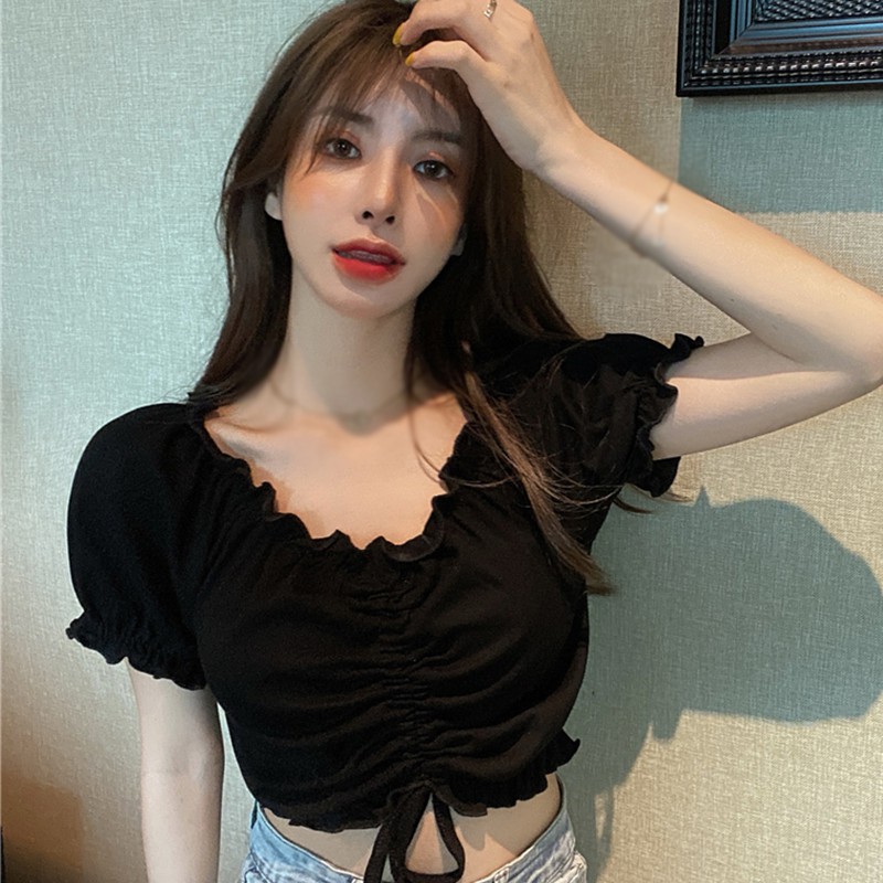 Áo Croptop Trễ Vai Màu Trơn Phong Cách Retro Hàn Quốc