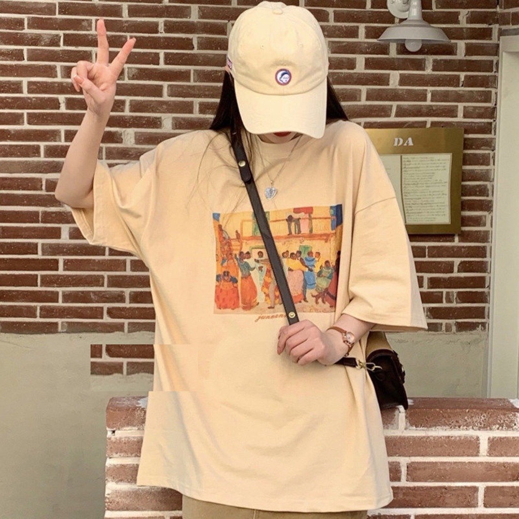 Áo thun bức tranh khiêu vũ vintage oversize nam nữ - Phông suông cổ tròn in unisex - Chất cotton xịn