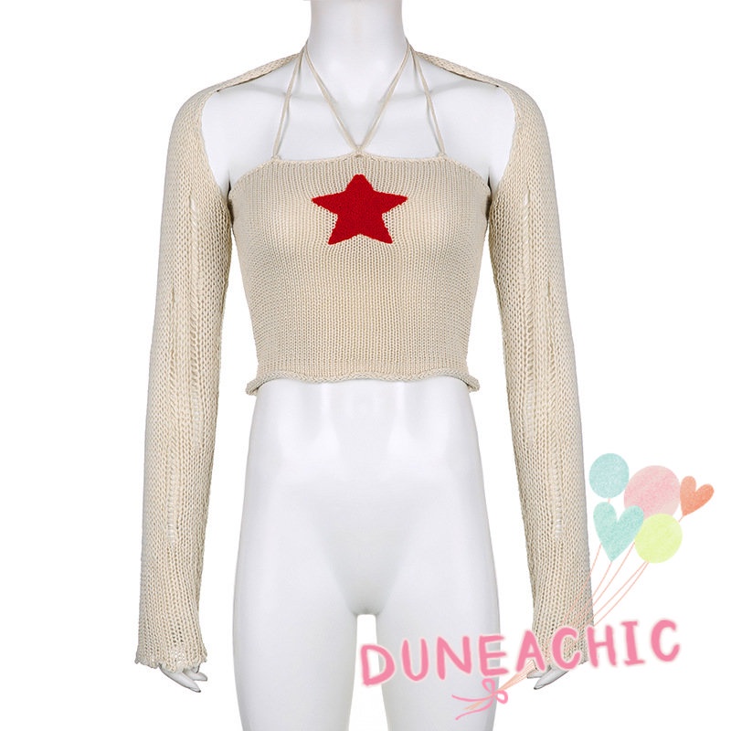 Set Áo Croptop 2 Dây Dệt Kim In Hình Ngôi Sao + Áo Thun Tay Dài Màu Trơn