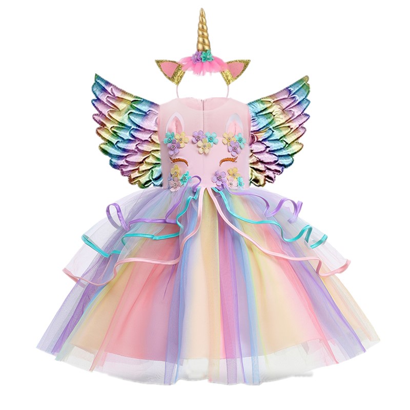 cô gái kỳ lân Mùa hè Tulle Rainbow Dress 3-10 Tuổi Cô gái thanh lịch Sinh nhật Váy dự tiệc cho trẻ em Hoa cưới Lễ rửa tội Cô gái trẻ em Váy