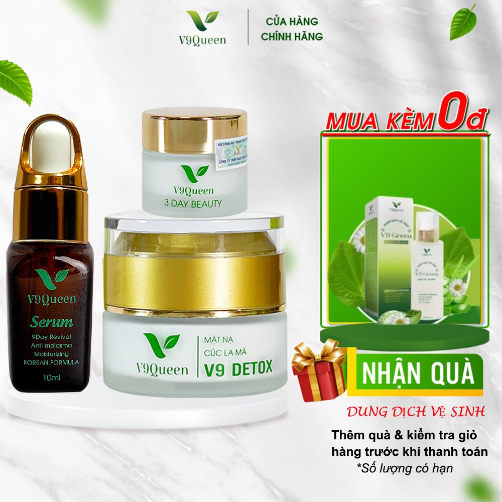 Combo Sáng Da Mờ Nám Tàn Nhang V9Queen - Mặt Nạ V9 Detox 30g, Serum 9Day Revival 10ml, Kem 3Day Beauty 10g