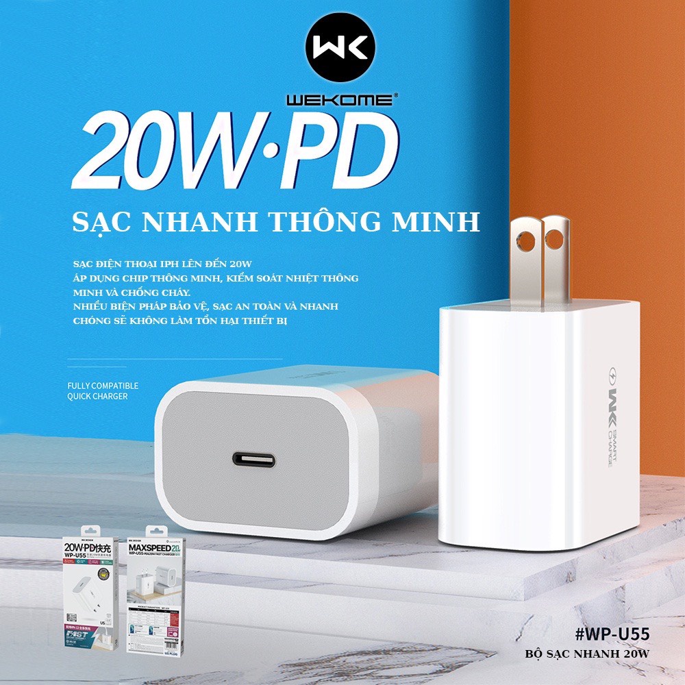 Củ sạc PD 20W Wekome WP-U55 hỗ trợ sạc nhanh samsung, oppo, huawei, iphone thế hệ mới