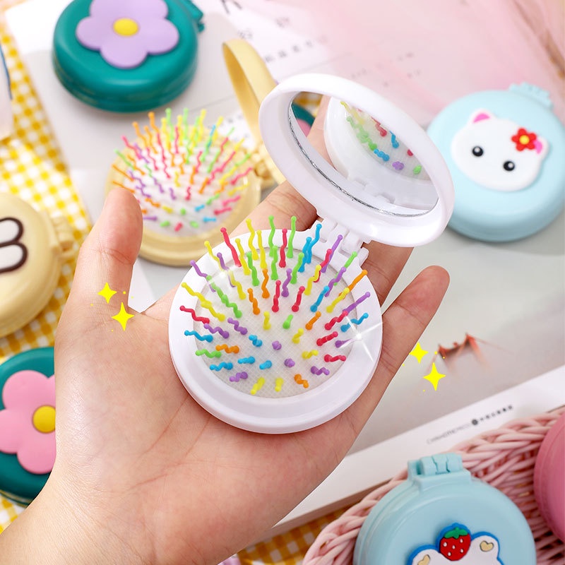 Lược Chải Tóc Kèm Gương Mini Chống Tĩnh Điện Họa Tiết Hoạt Hình Gấp Gọn Bỏ Túi Tiện Lợi