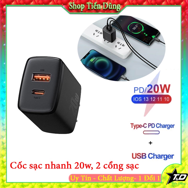 Cốc sạc nhanh siêu nhỏ gọn 20W Baseus Compact Quick Charger Có 2 Cổng USB + Type C,công suất 20W sạc được mọi điện thoại