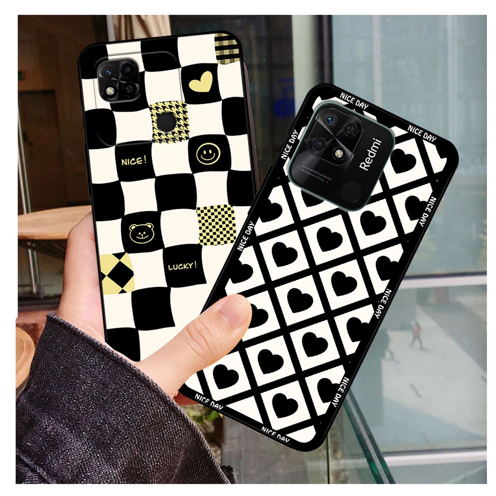 Ốp lưng Redmi 10C - Redmi 10A in hoạ tiết caro trái tim đen trắng, gấu bear cute đáng yêu