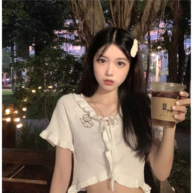 Áo croptop dệt kim thiết kế tay ngắn gợi cảm
