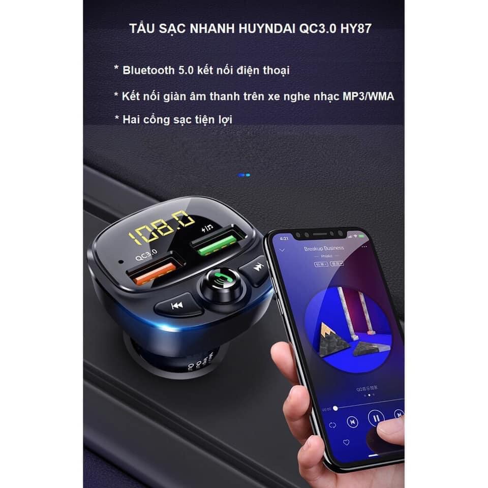 Tẩu, Cốc MP3 Cho Xe Hơi, Xe Ôtô Kết Nối Bluetooth, Nghe Nhạc, Sạc Pin, Nghe Điện Thoại Rãnh Tay HY87.