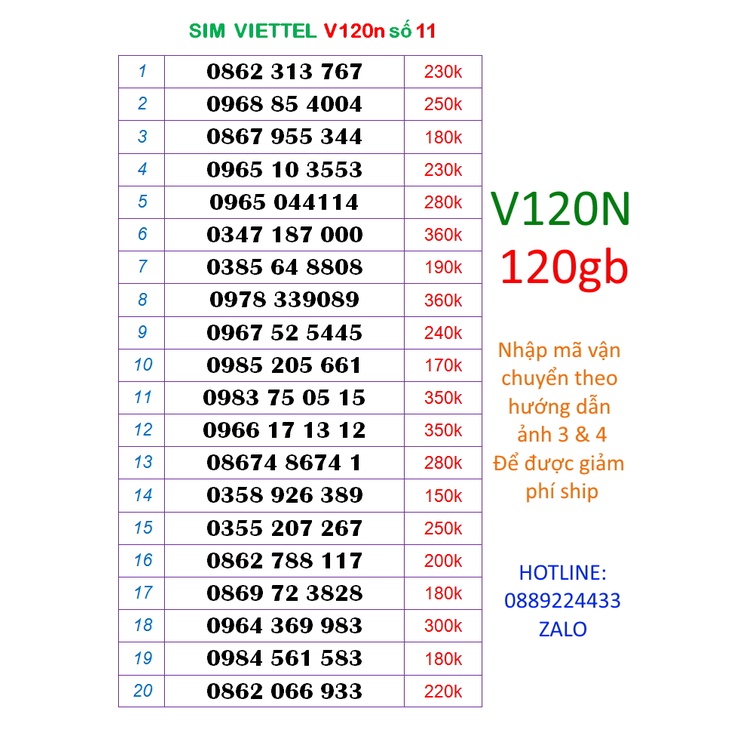 Sim viettel 10 số V120n số 11 (120k = 120gb 1 tháng, nghe gọi miễn phí nội mạng, liên mang)