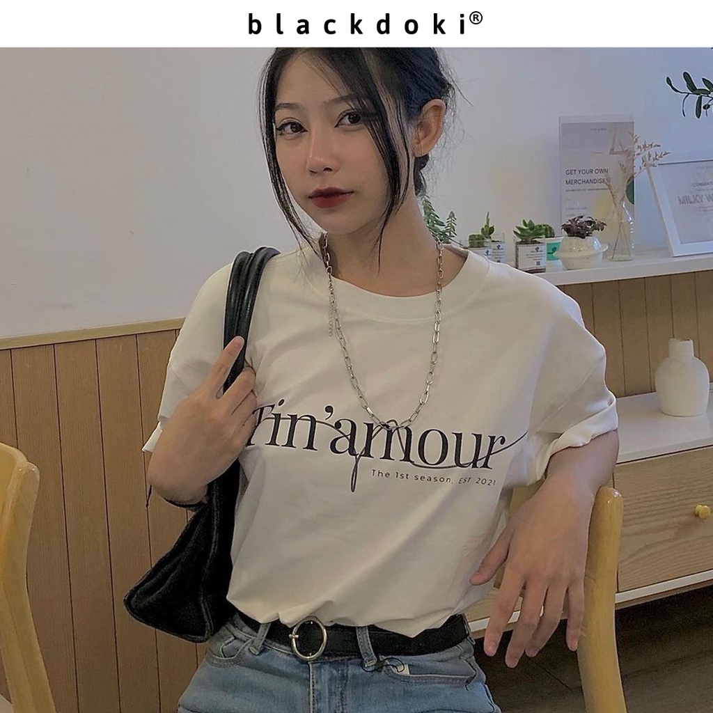 Áo thun nữ BLACKDOKI-TIN AMOUR , áo phông unisex form rộng tay lỡ oversize cá tính chất cotton dày dặn mùa hè