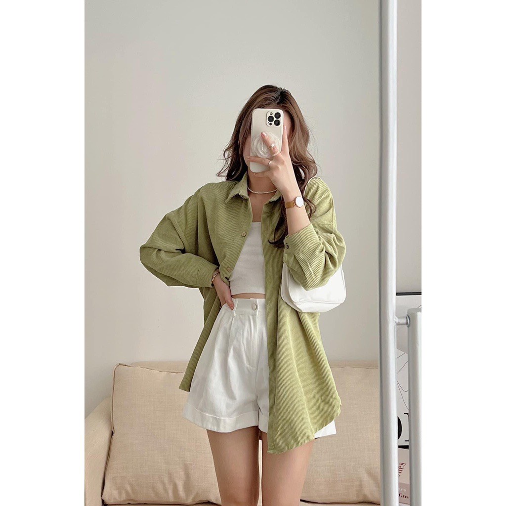 Áo Sơ Mi Nhung Tăm CELINA BOUTIQUE  Áo nhung form rộng tay bồng kiểu dáng học sinh ulzzang