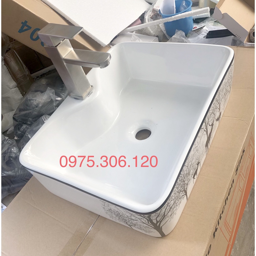 Chậu rửa mặt lavabo Đặt Bàn Đá 8816HV-HOA VĂN CON HƯƠU thương hiệu NA.GRAND, men NANO trắng sáng chống ố chống bám bẩn