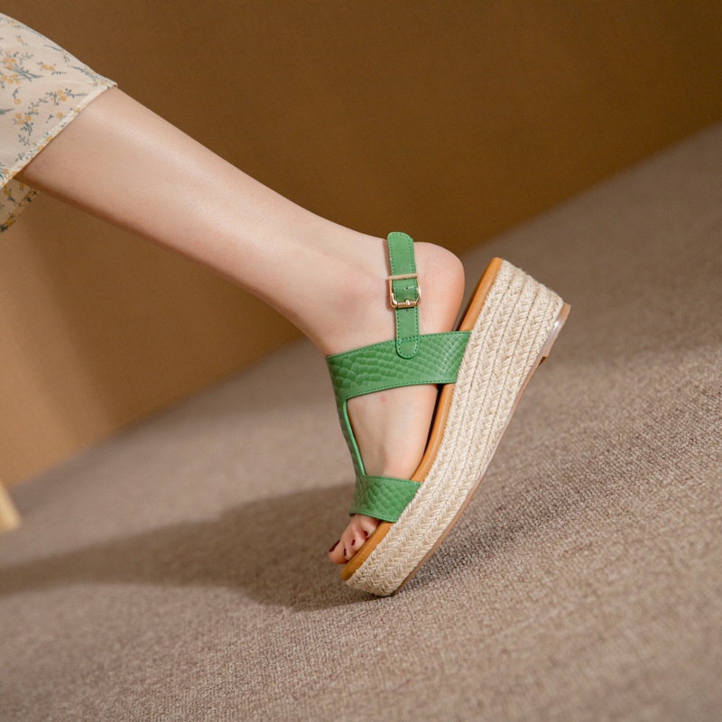 Giày Sandal Đế Xuồng Đan Cói Hở Mũi Thời Trang Retro Cho Nữ
