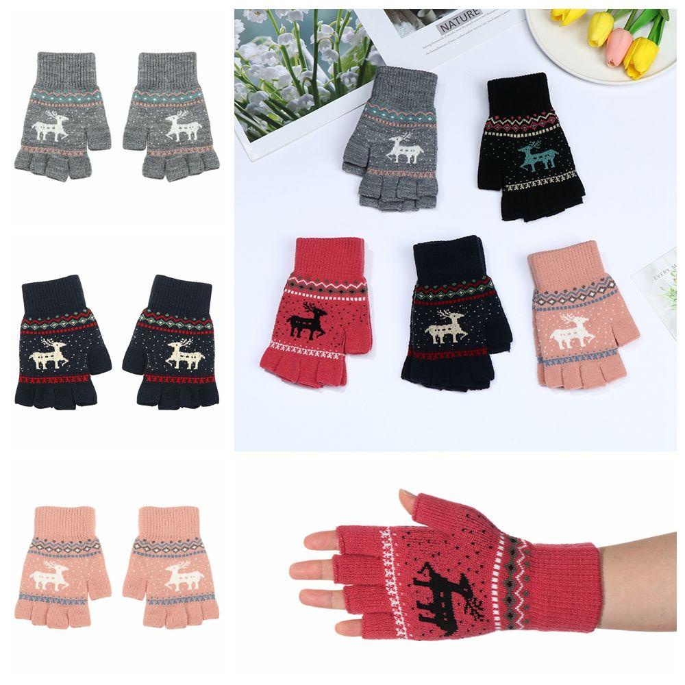1 Đôi Găng Tay Len Cashmere Hở Ngón Họa Tiết Hươu Hoạt Hình