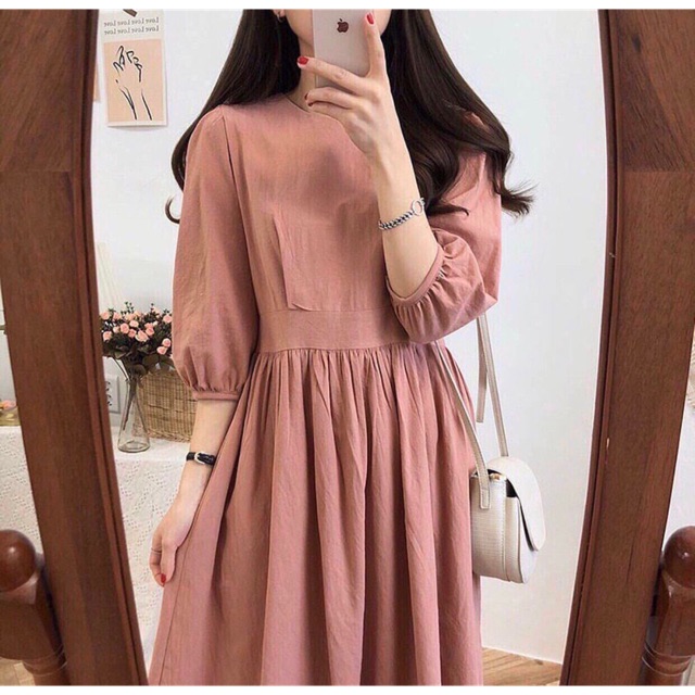 Đầm dài cổ tròn dáng suông tay lỡ ống bo