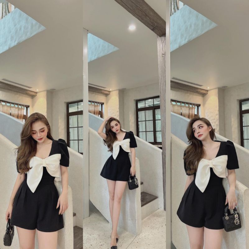 Jum Thiết Kế Nữ Ms.1527 Jum Thiết Kế Cổ Vuông Tay Bồng, Xếp Nơ Bản To Trước Ngực Chất Tuyết Mưa Dày Dặn