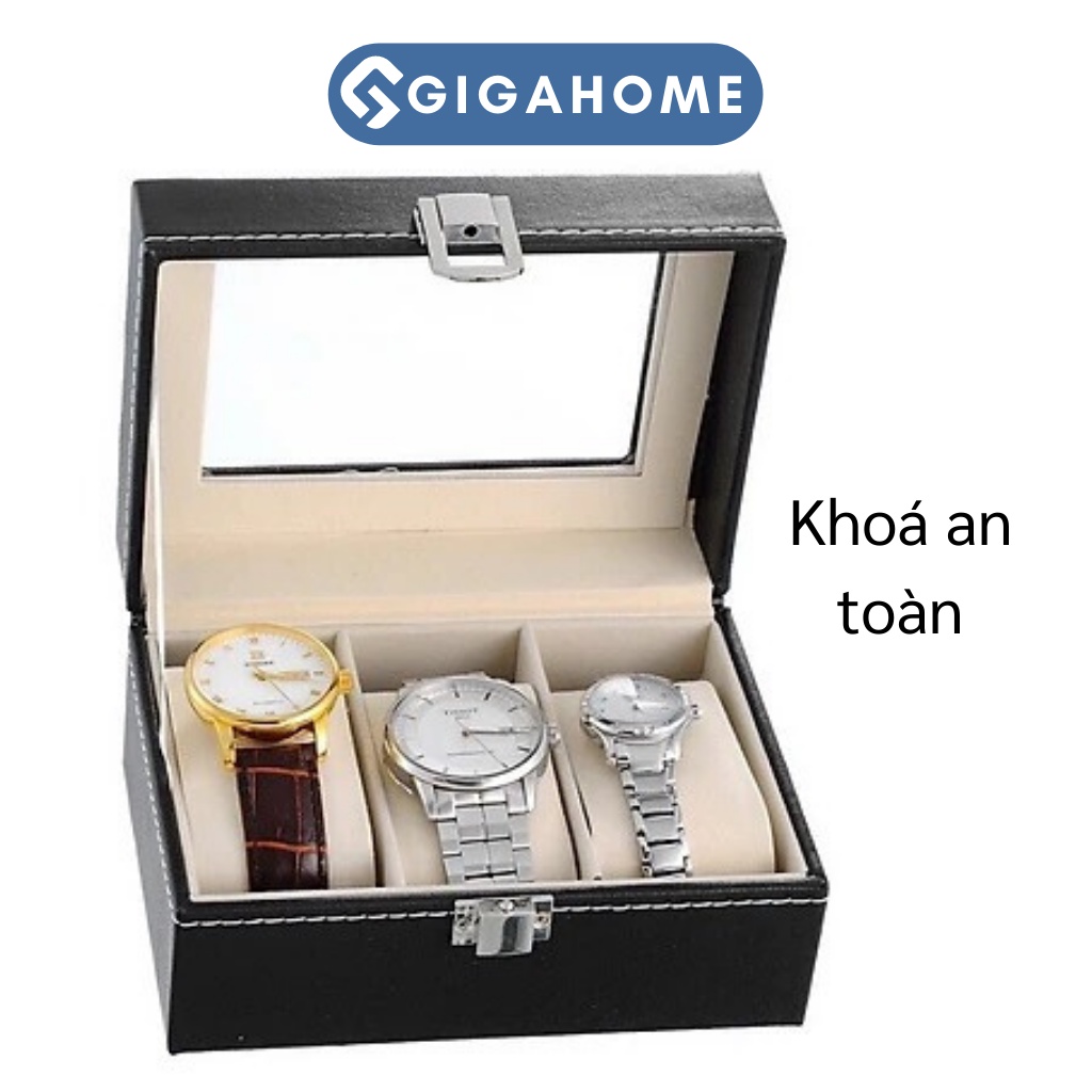 Hộp Đựng, Trưng Bày Đồng Hồ GIGAHOME 3 Ngăn, Bọc Da Pu Có Kính Trong Suốt, Khóa Chốt 1005