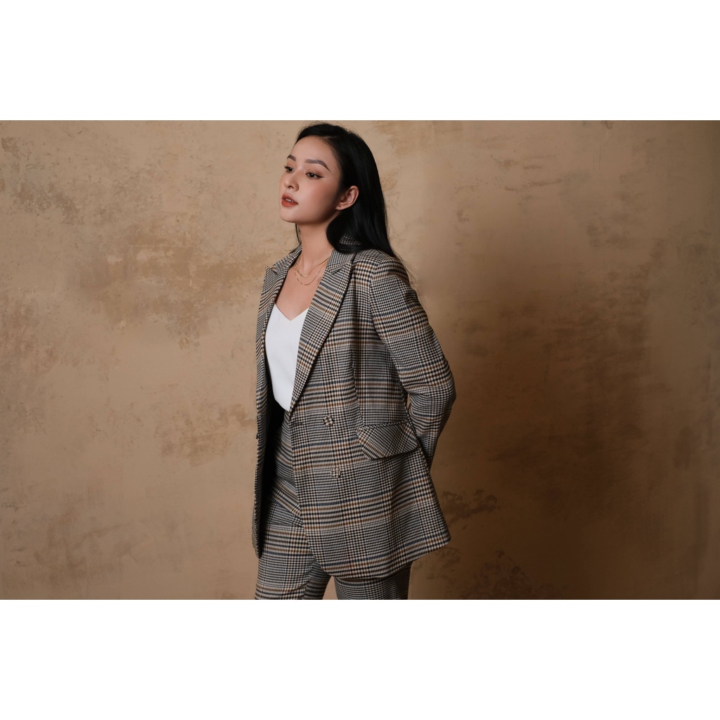Áo Blazer nữ 2 lớp kẻ nâu vàng Donna - MAIIMER
