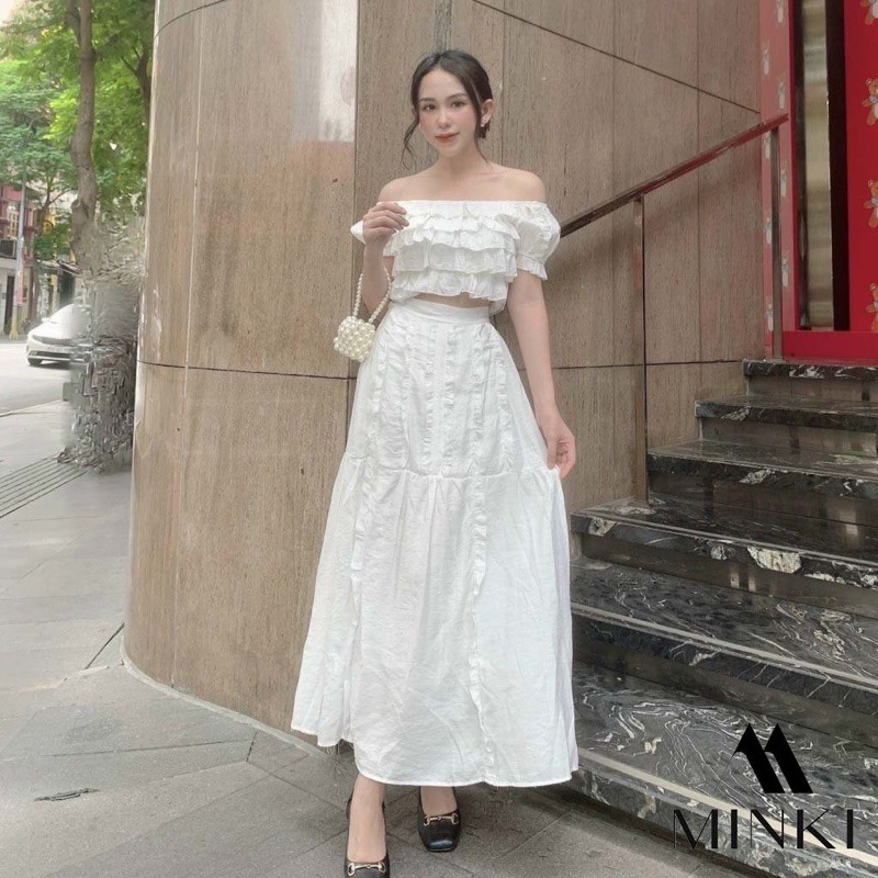 SET ÁO BÈO NHÚN TRỄ VAI + CHÂN VÁY DÀI - CHẤT LANH LỤA NHẬP KHẨU - MÀU XANH/ TRẮNG [SIÊU PHẨM] | BigBuy360 - bigbuy360.vn