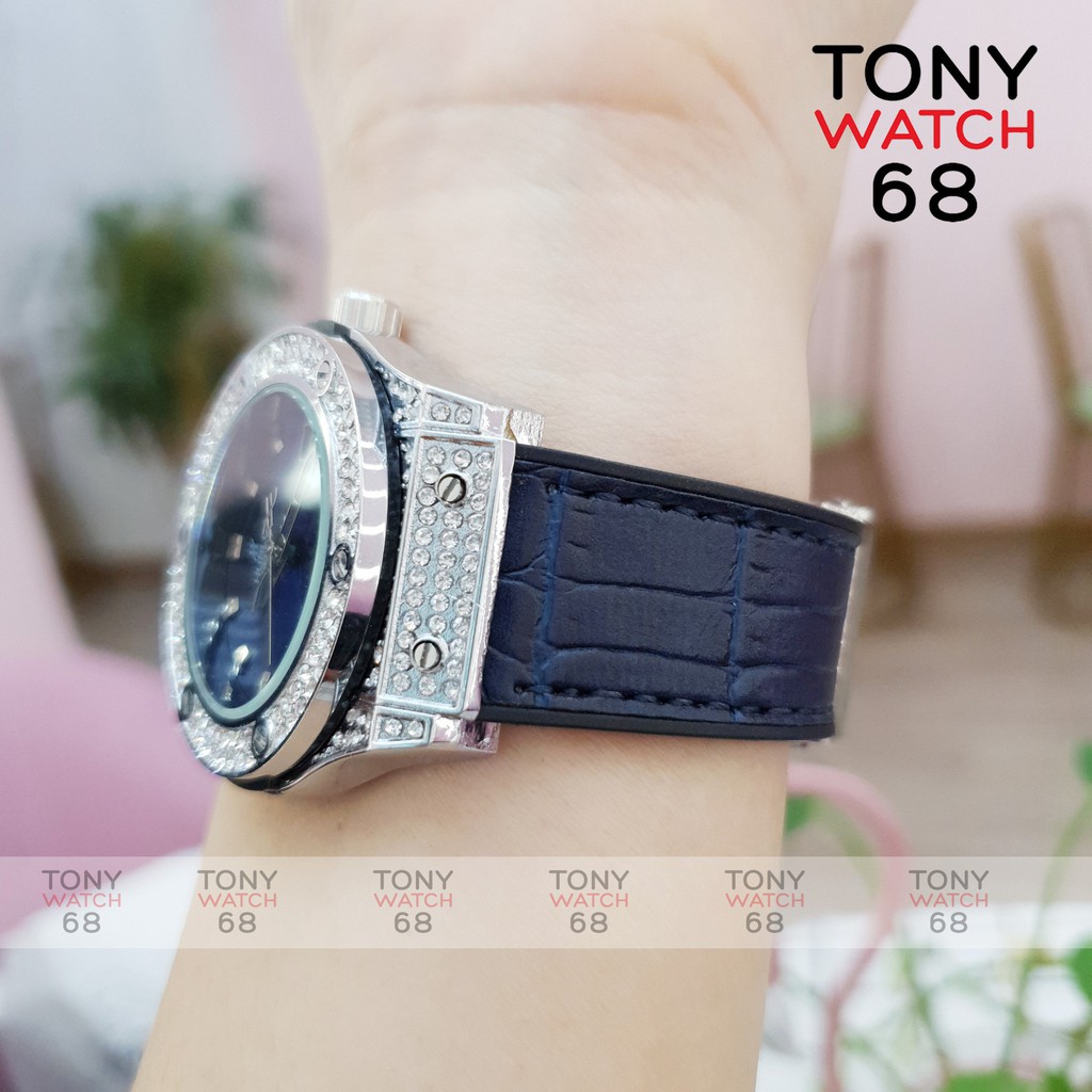 Đồng hồ nữ HULO mặt xanh dây cao su giả da mặt đính đá pha lê chống nước chính hãng Tony Watch 68 -Hàng nhập khẩu