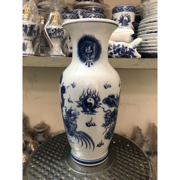 Lọ Hoa Lục Bình Thờ Men Lam Vẽ Rồng Bát Tràng