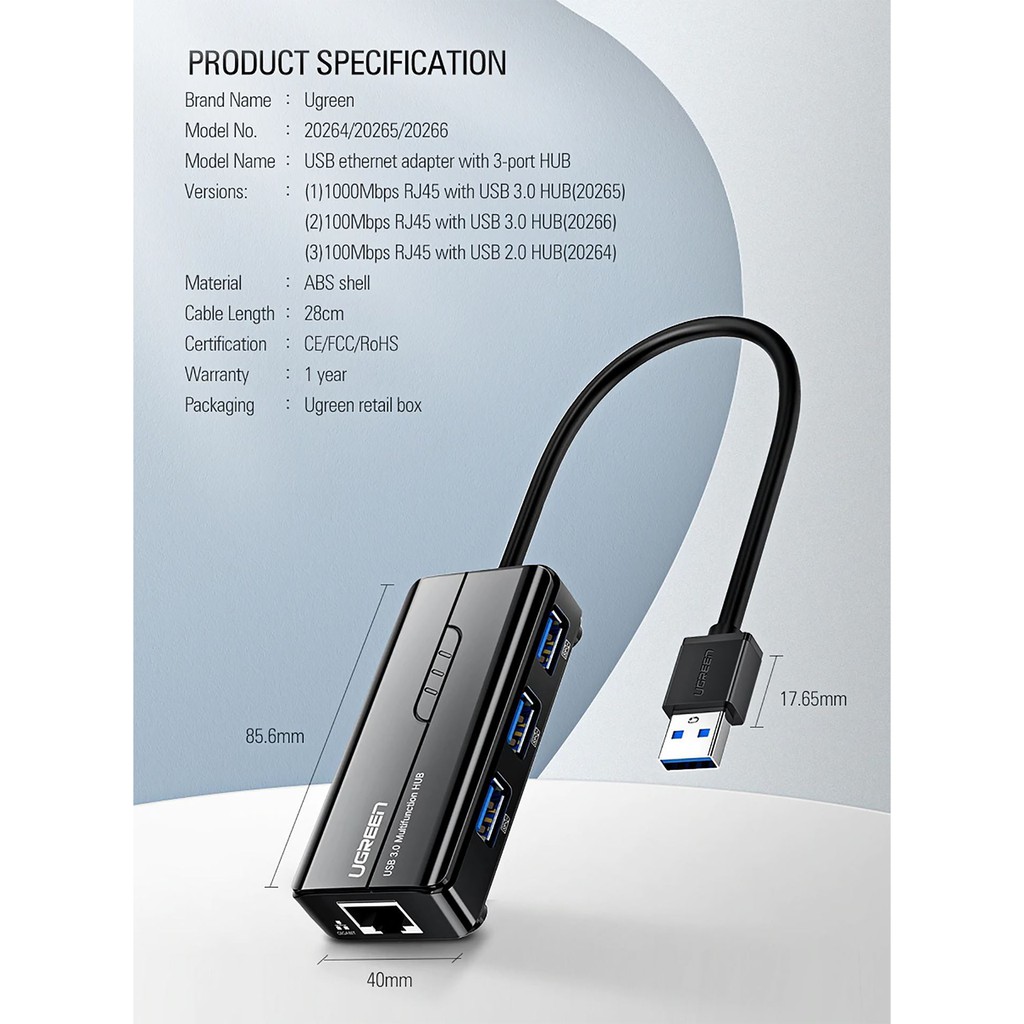 Hub Chia 3 Cổng USB 3.0 Kèm Cổng Mạng 100Mbps Ugreen Cr103