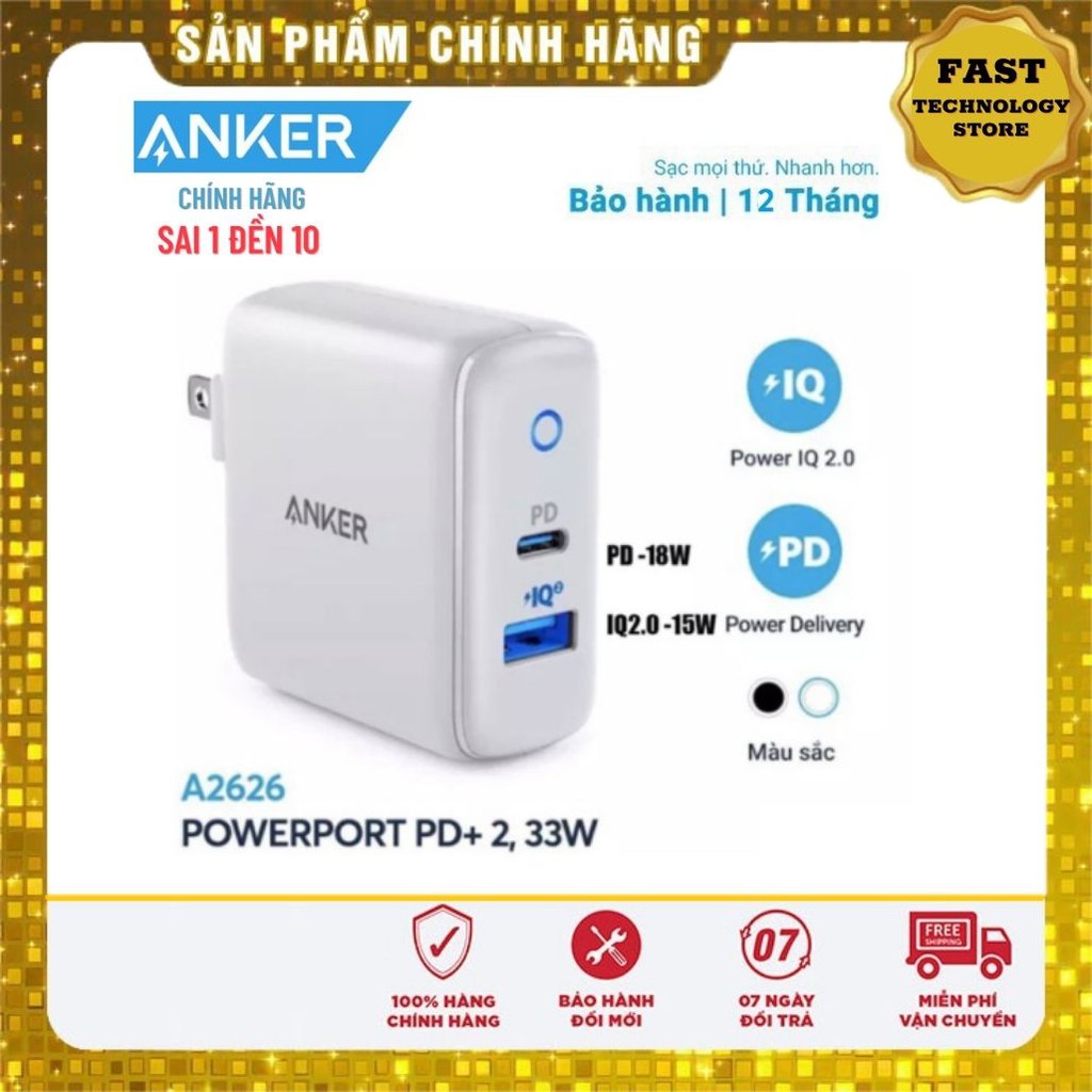 Củ sạc nhanh Anker powerport 2+ PD 33W a2626 Type C + USB cho iphone 8 X 11 12 và samsung