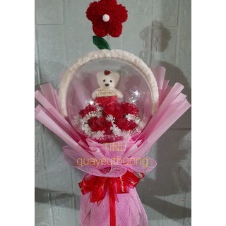 Bó hoa bóng meka + hoa sáp + gấu