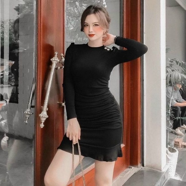 Đầm body đuôi cá phối 3 khuy trên vai Cao cấp_UN