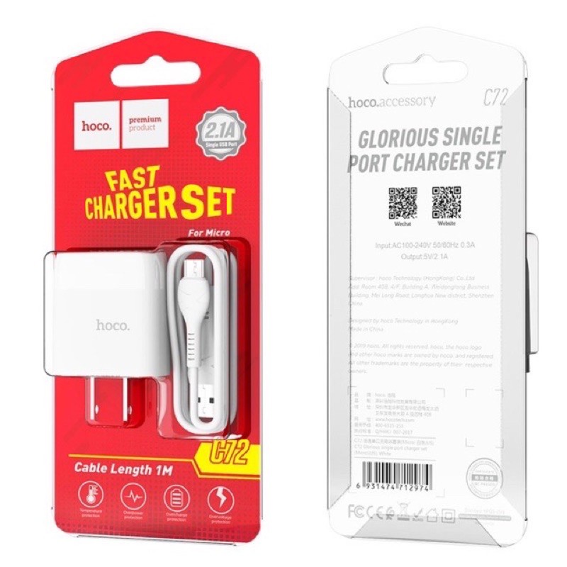 ✅CHÍNH HÃNG✅Trọn bộ cốc cáp sạc nhanh C72/C72a HoCo-Micro-Usb cho oppo,samsung,huawei,Xiaomi,Redmi-Android/Freeship/C81