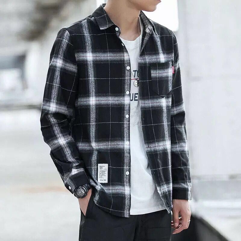 Áo Sơ Mi Nam Tay Dài Họa Tiết Caro Phong Cách Hàn Quốc Size M-5XL