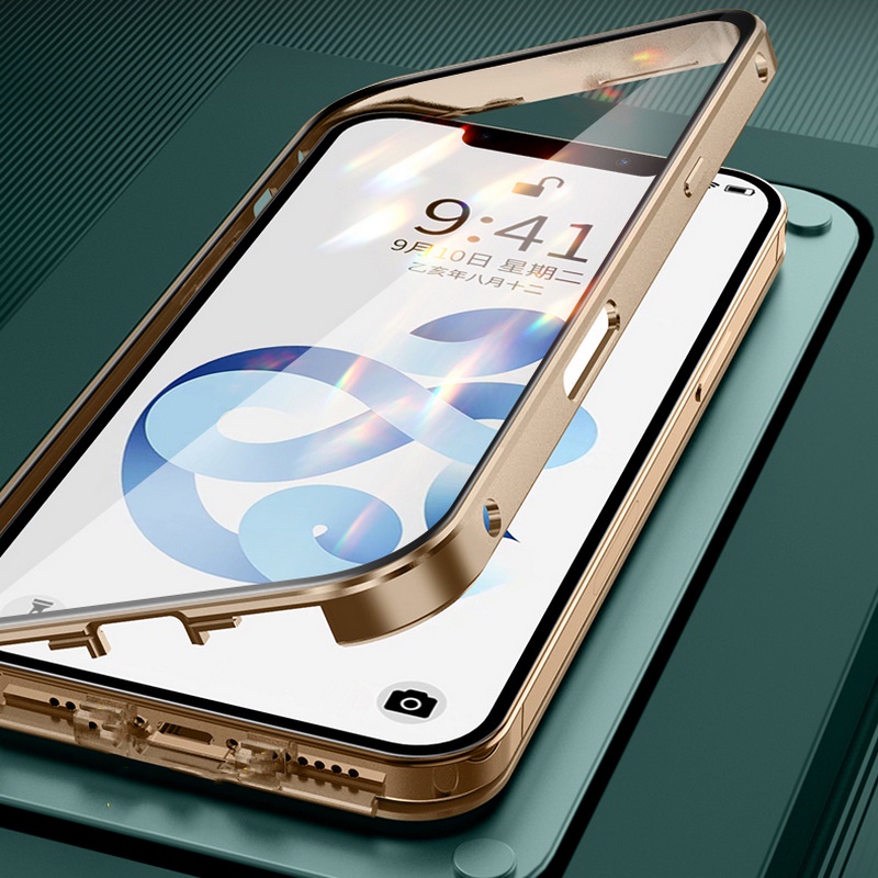 Ốp điện thoại mặt kính cường lực phối kim loại 360 độ thích hợp cho Iphone 12 Pro Max 11 Xs Xr 8 7 Plus + Se 2020
