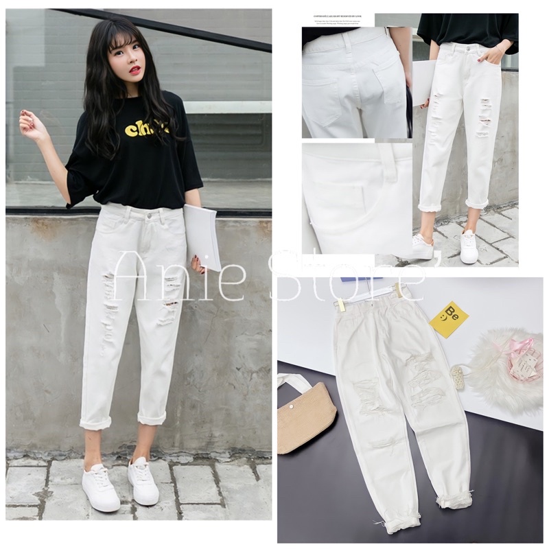 Quần Jeans Nữ Rách Gối 🦋 Quần Bò Nữ Trơn Dáng Lỡ Xước Gấu Fullsize 2 Màu 🦋