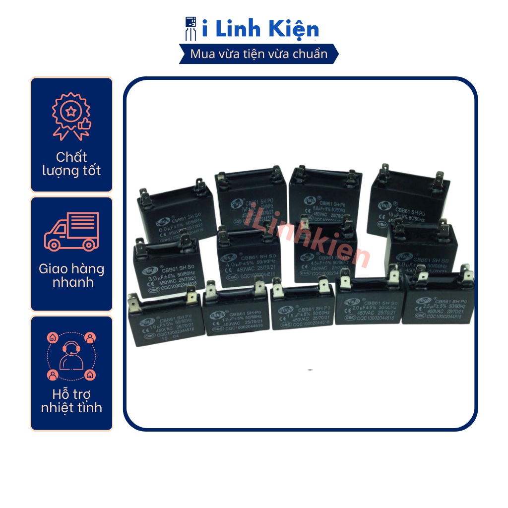 Tụ quạt 1uF 1.2uF 1.5uF 2uF 2.5uF 3uF 5uF 450VAC CBB61 chân cắm jack