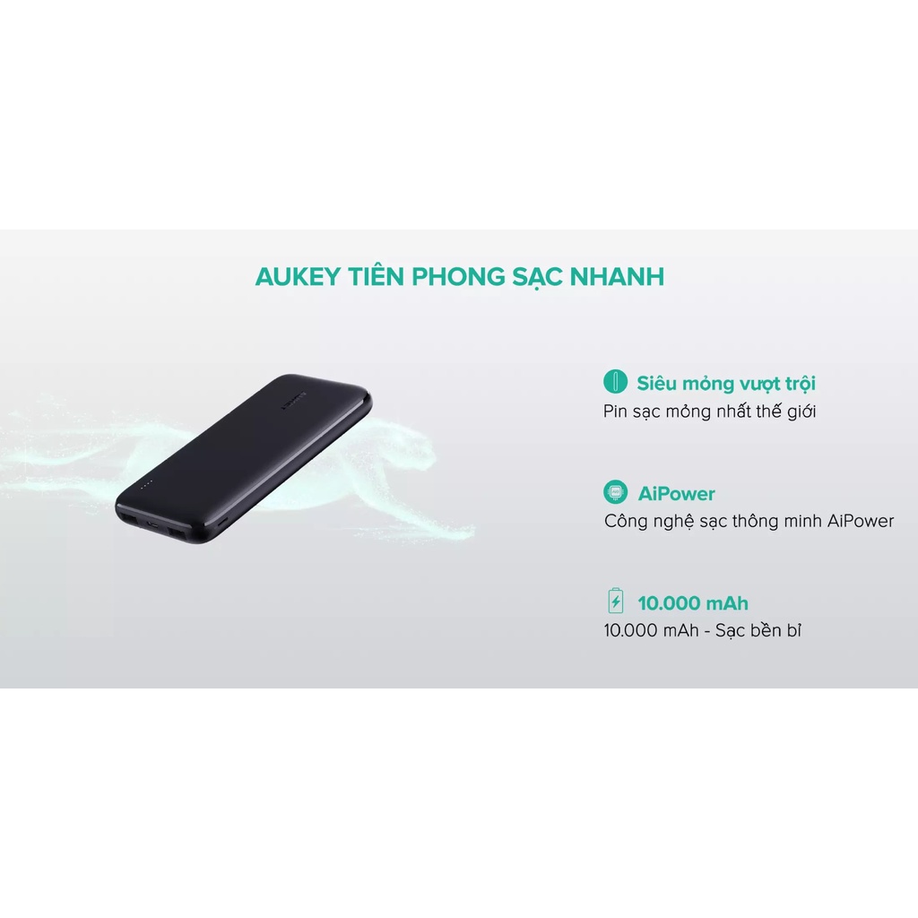 Sạc Dự Phòng Siêu Mỏng 10.000 mAh Aukey PB-N73 1 Cổng Sạc Nhanh Type C 15W, 2 Cổng USB-A - Hàng Chính Hãng