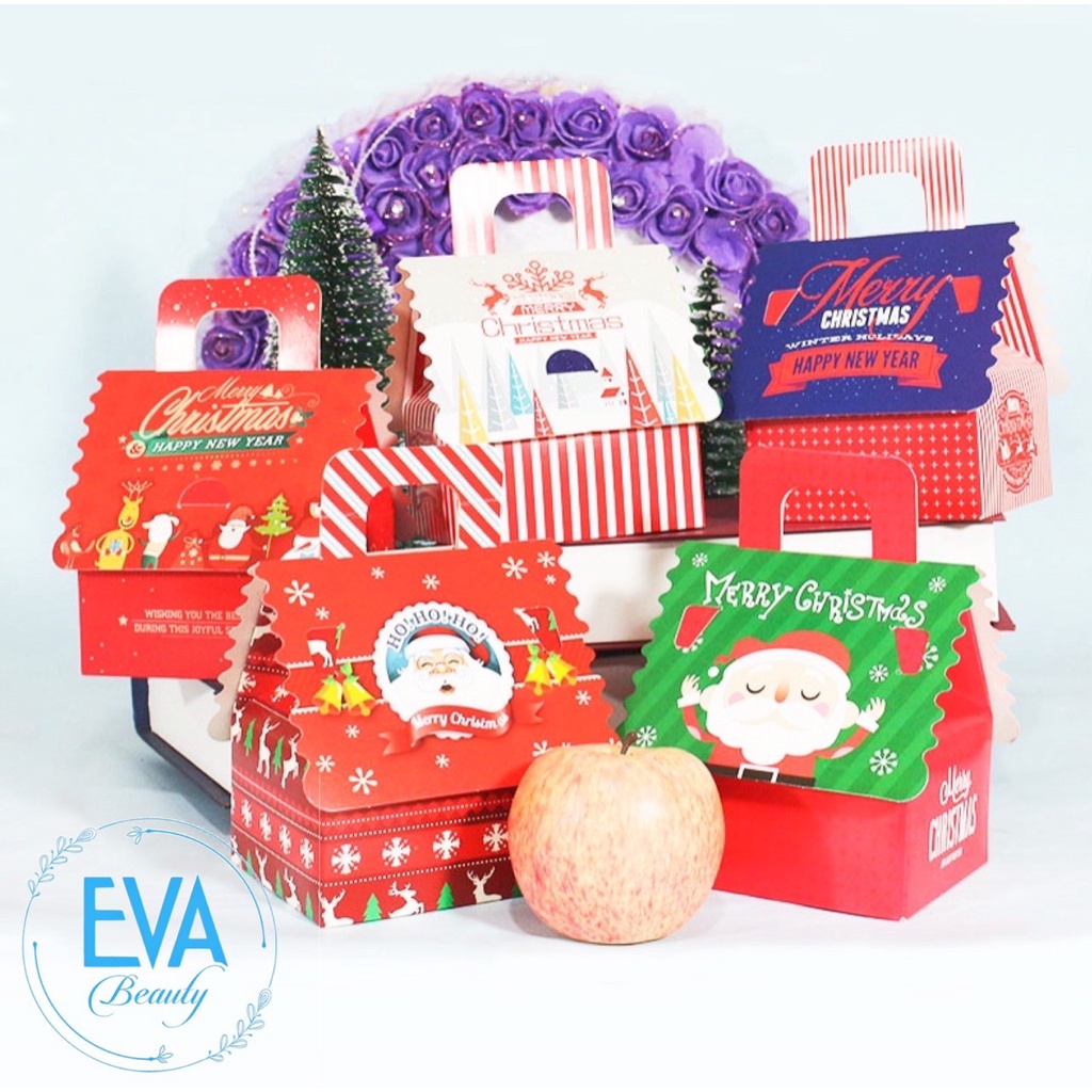 Set 10 Hộp Đựng Quà Noel In Hoạ Tiết Giáng Sinh Hình Ngôi Nhà Có Quai Xách Nhiều Mẫu M3529
