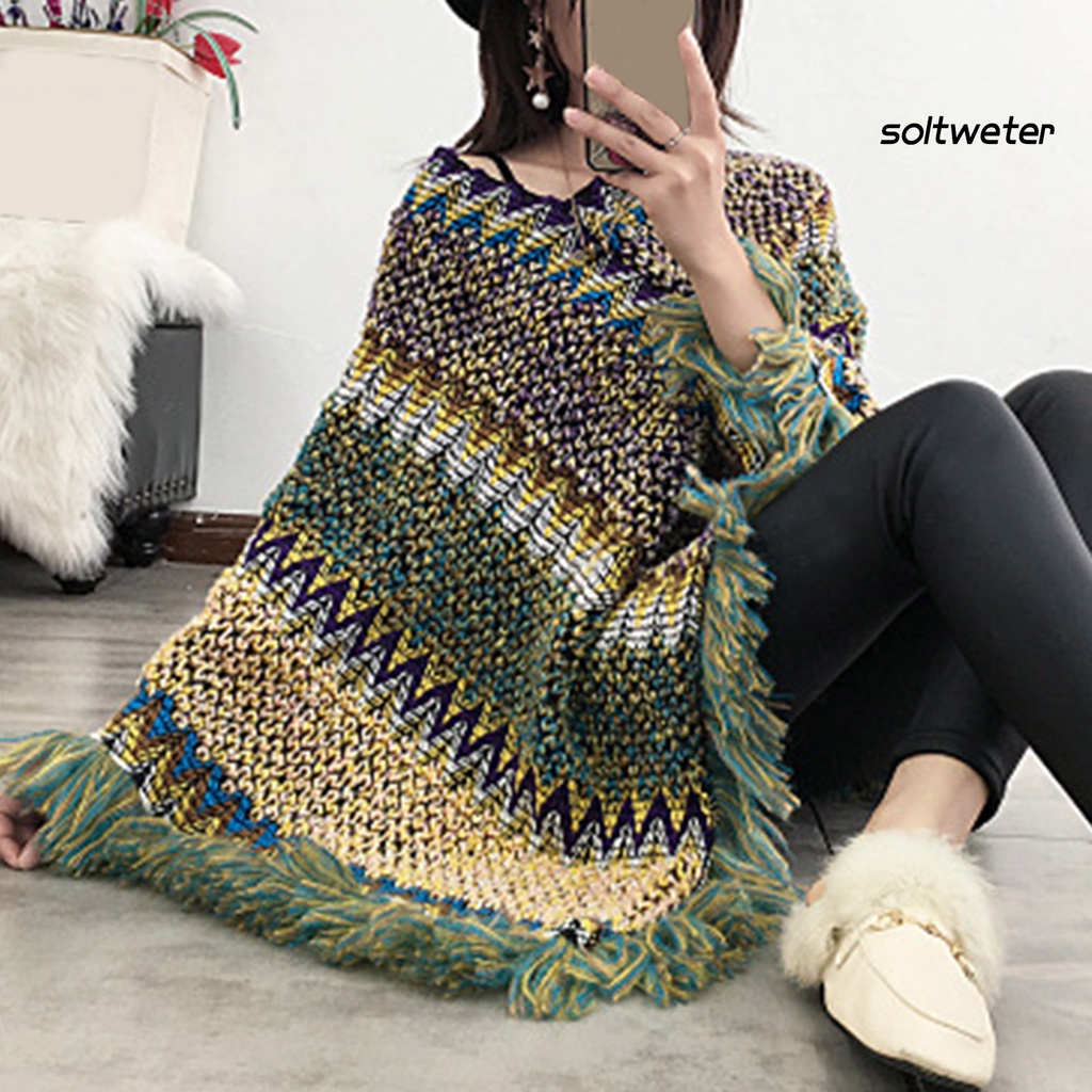 Áo choàng dệt kim cổ chữ V phối tua rua nhiều màu thời trang thu đông cho nữ