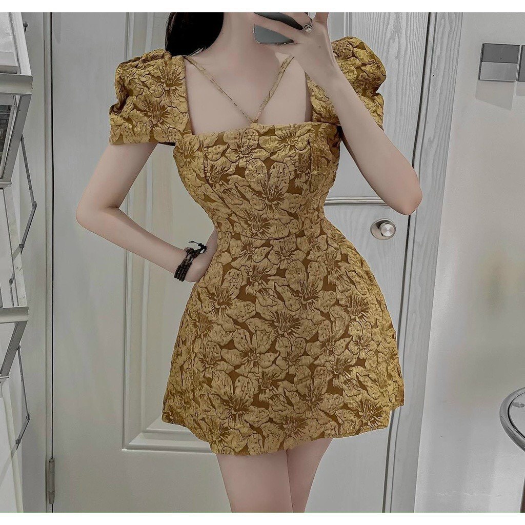 Đầm đi tiệc vải gấm hoa nổi, đầm tiểu thư tay phồng mặc đi đám cưới, váy chữ A vải gấm đi tiệc, váy cổ yếm tay phồng hoa