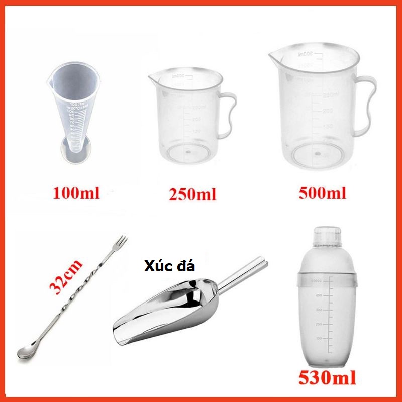 Combo Bộ 6 Dụng Cụ Pha Chế gồm 1 ly đong nhọn 100ml+1 ca 250ml+1 ca 500ml+ 1 xúc đá+1 thìa bar 32+ 1 bình lắc 530ml