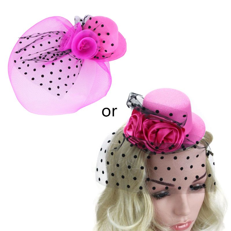 Kẹp Tóc Vải Lưới Hình Hoa + Mạng Che Mặt Họa Tiết Chấm Bi Cho Bé Gái