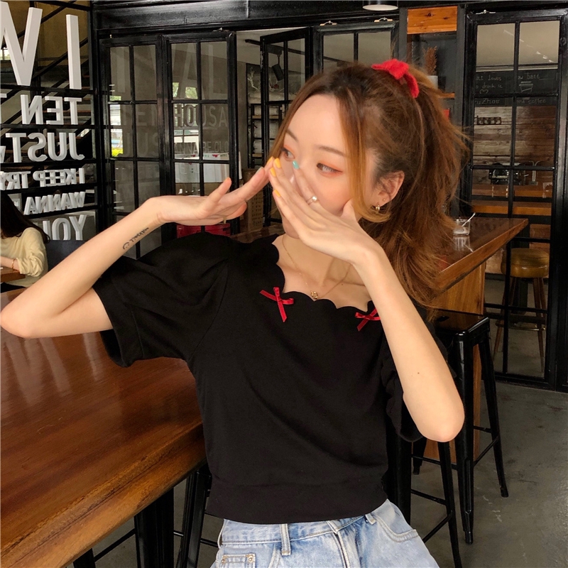 SUXI Áo Thun Ngắn Tay Phối Nơ Xinh Xắn Dành Cho Nữ