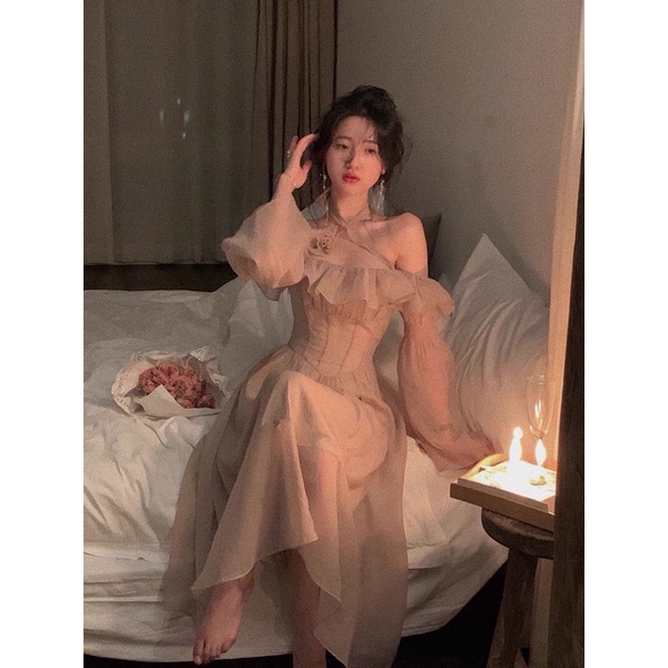 Váy nàng thơ bẹt vai dây lụa